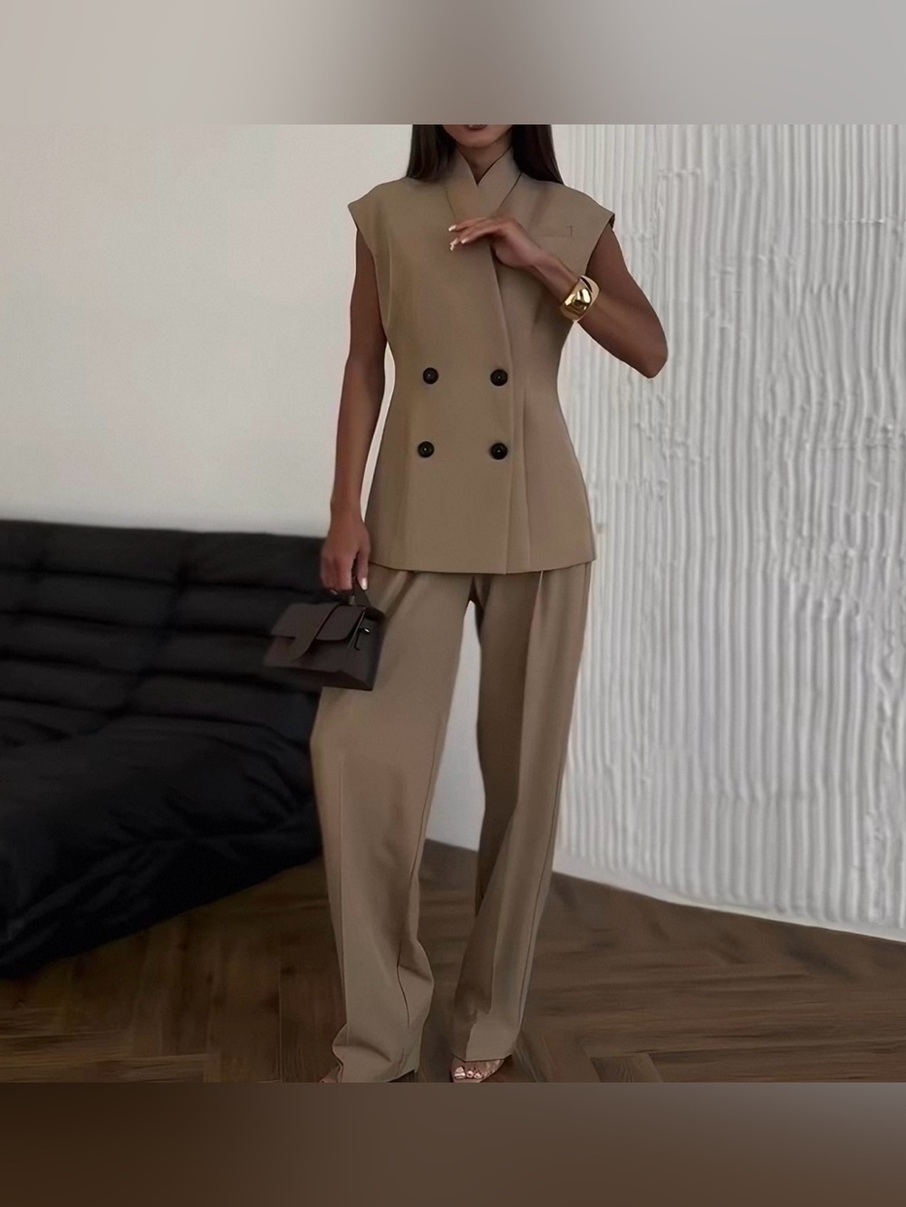 NWOT Tailored Sleeveless Double-Breasted Vest in Tan with trousers - Picture 1 of 4